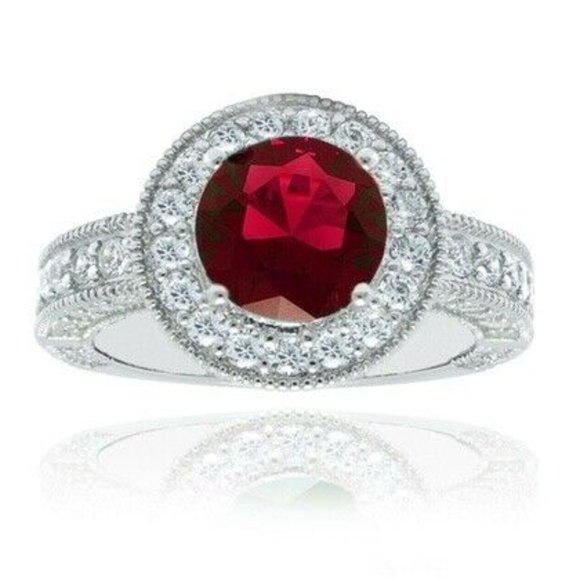 18K White Plated Gold Red CZ  Sz 5 Ring 7.50 CTTW - Picture 1 of 3
